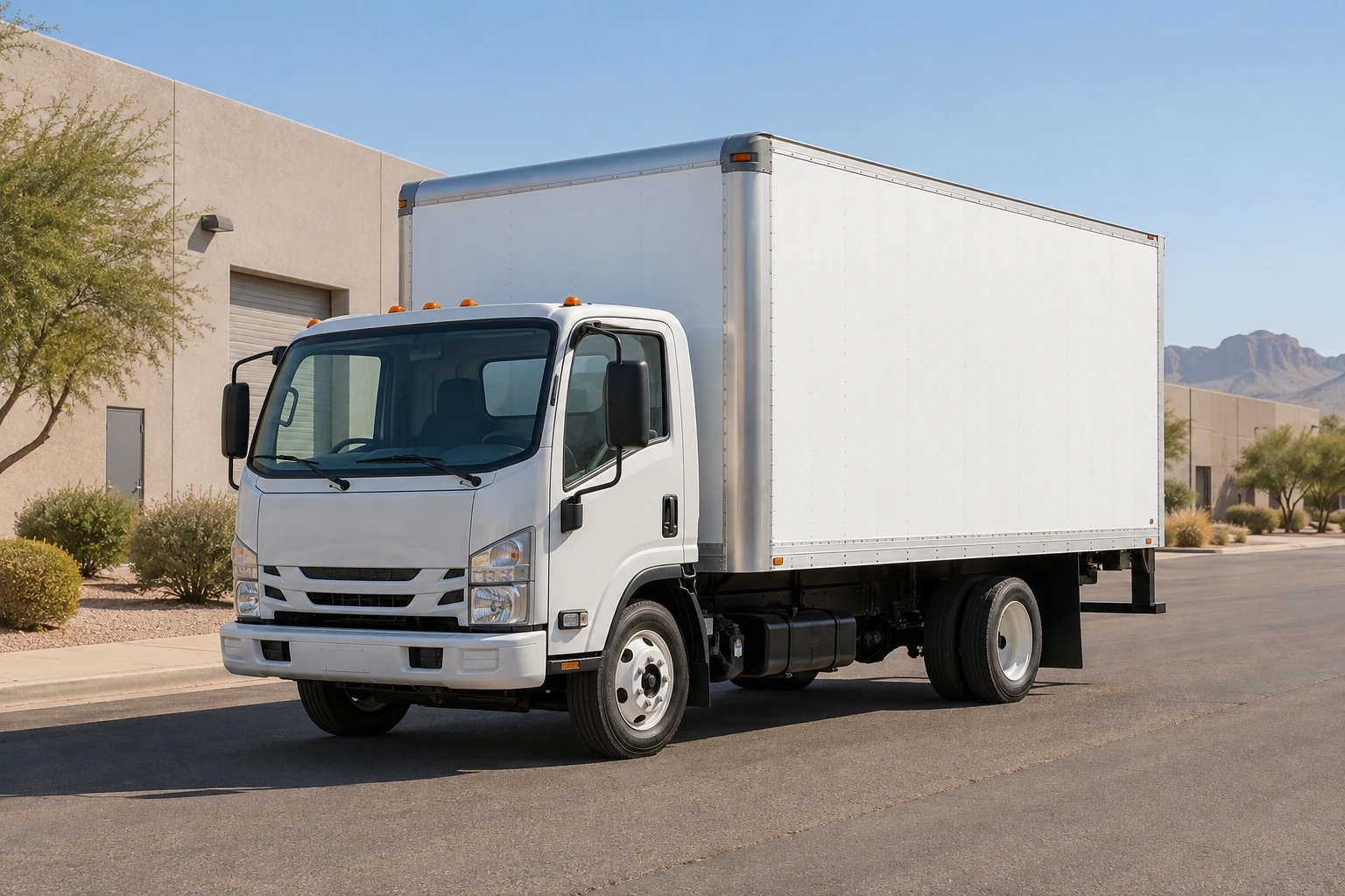 Unbranded white box truck on a Mesa industrial street