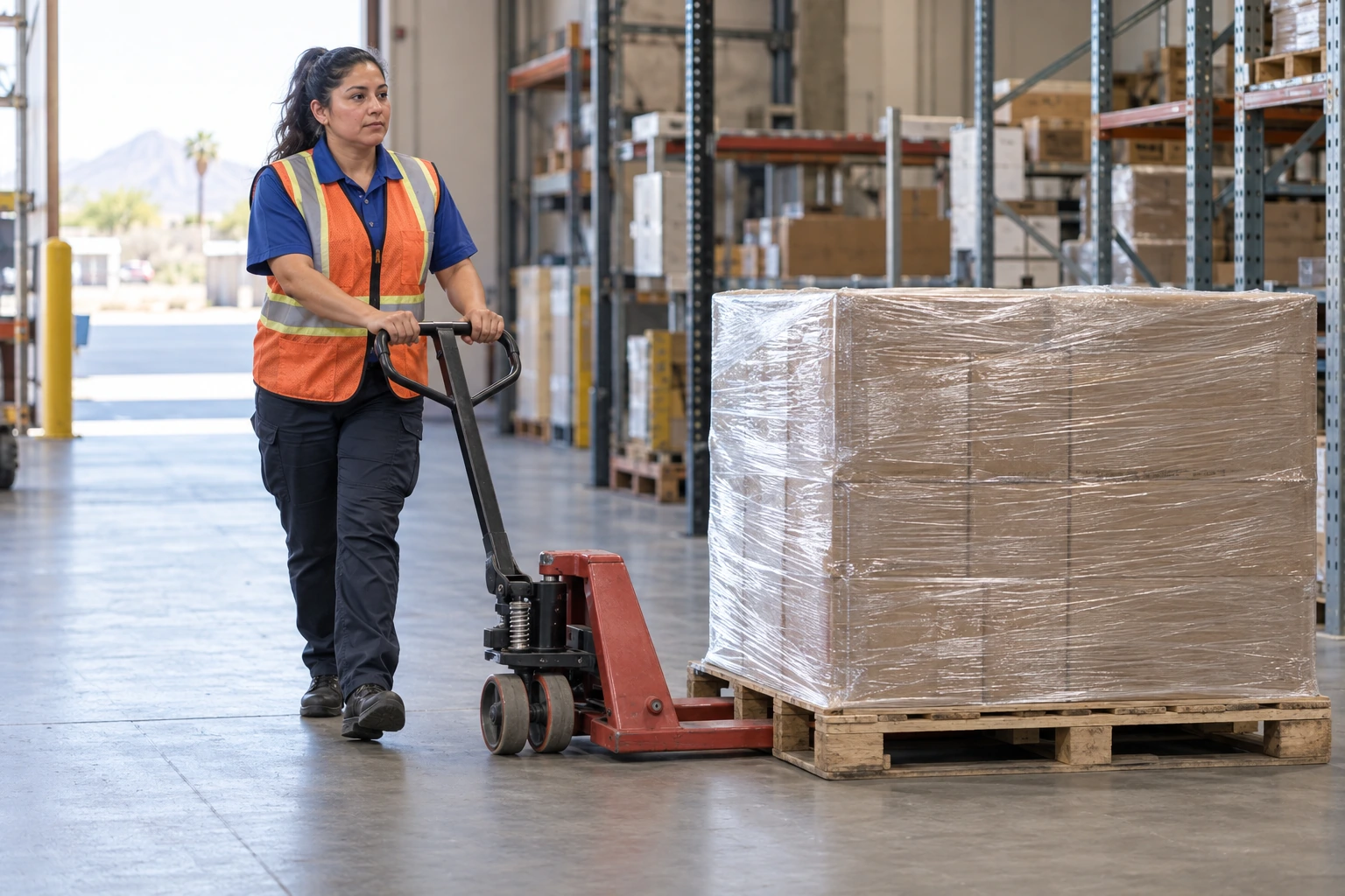 Warehouse worker guiding a manual pallet jack beside wrapped cargo